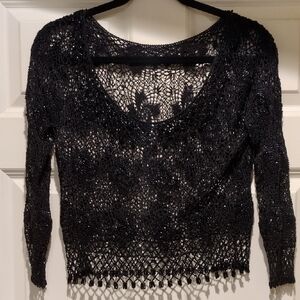 Vintage Black Crochet Long Sleeve Scoop Neck Blouse